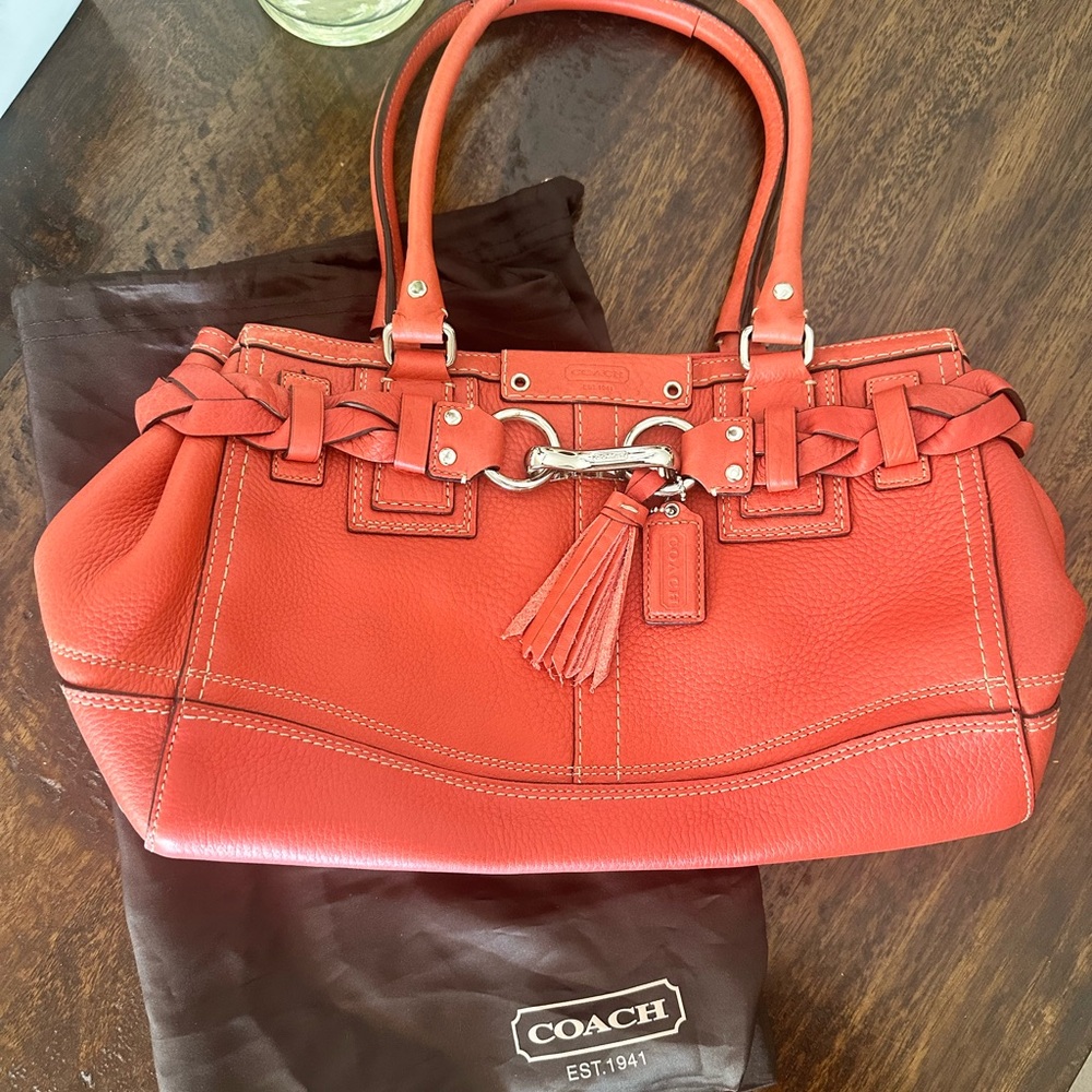 Coach Salmon Leather Satchel with tassels & braided detailing perfect for Spring